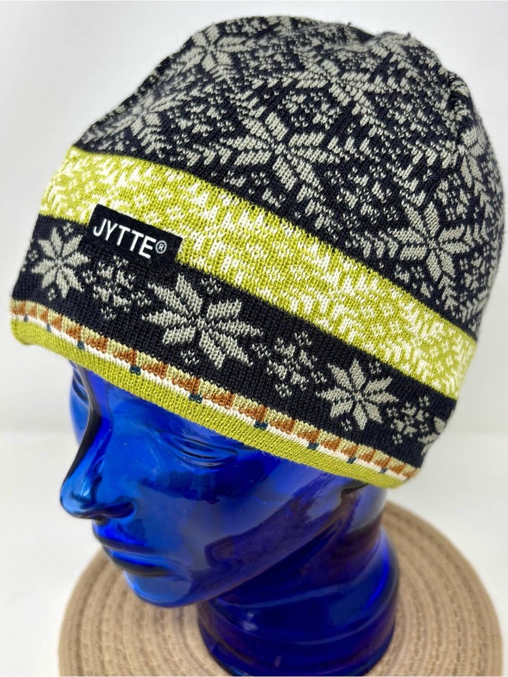 Jytte Knit Fair Isle Merino Wool Snowflake Beanie Hat Black Lime Green Unisex